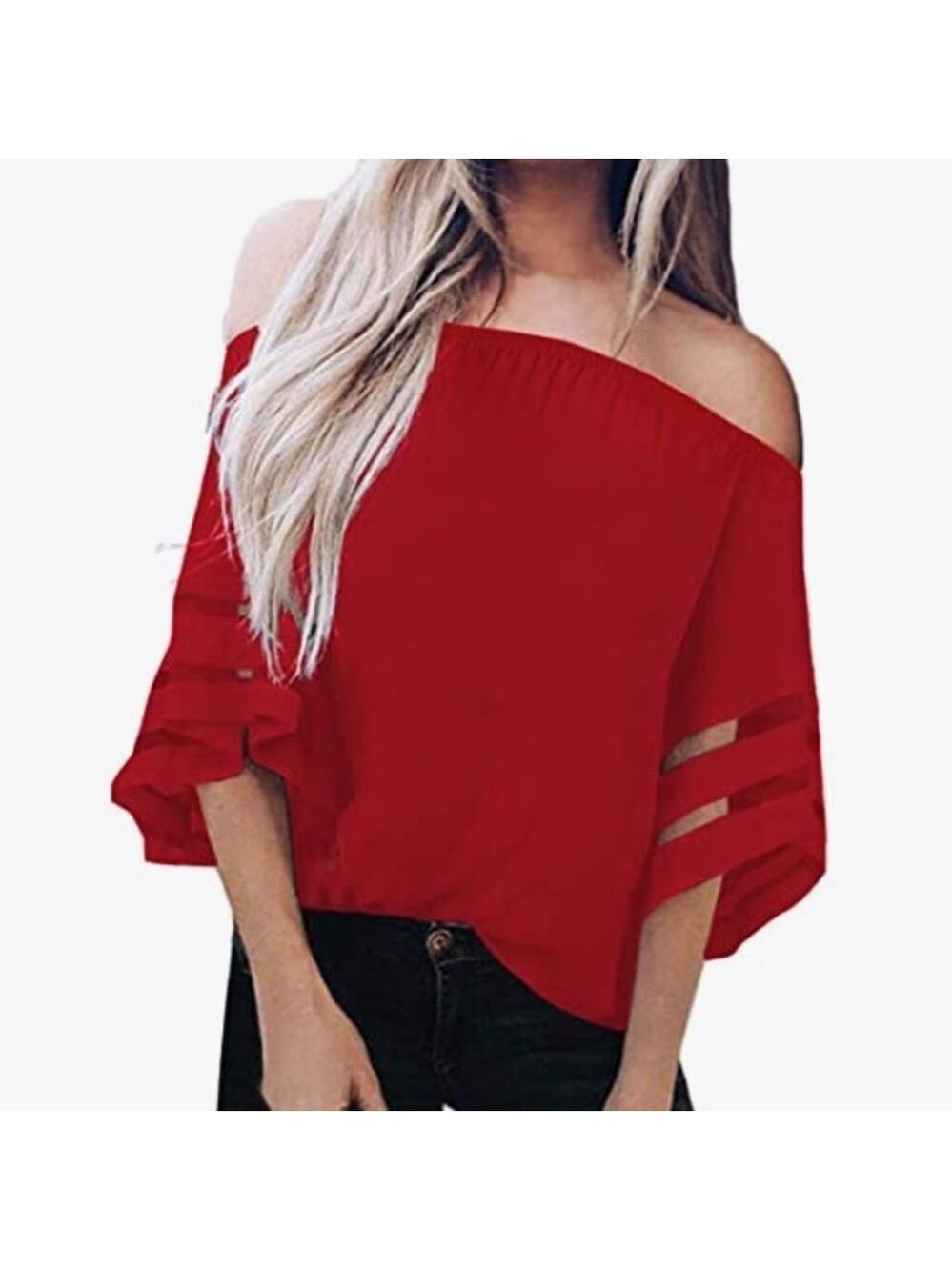 Women's Off Shoulder Tops 3/4 Bell Sleeve Casual Mesh Panel Blouse Shirts
